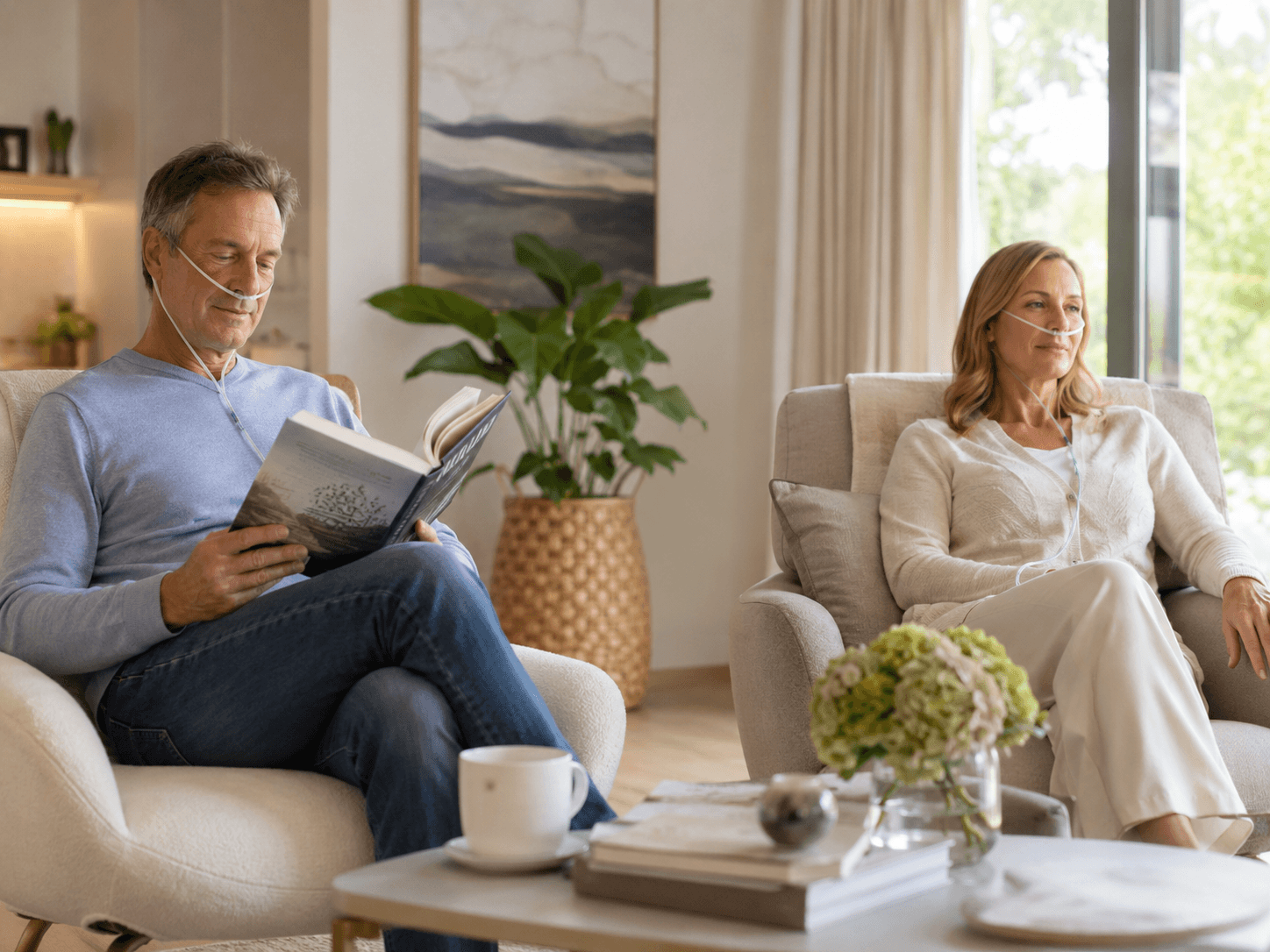 A couple relaxing at home, each with their own nasal cannula